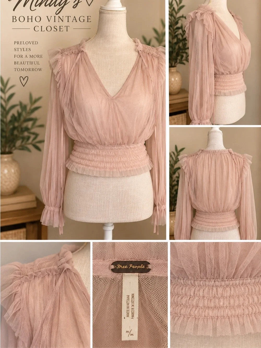 Free People Dusty Blush Sheer Ruffle V-Neck Blouse